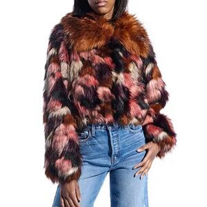 Azalea Wang Molly Retro Patchwork Faux Fur Shawl Collared Oversize Crop Jacket